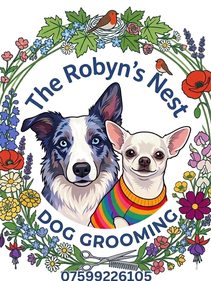The Robyn's Nest Dog Grooming logo featuring two dogs surrounded by flowers
