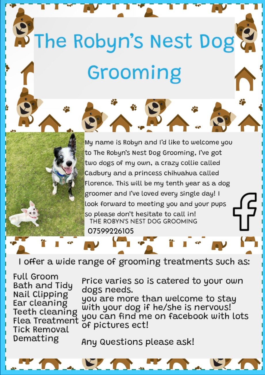 The Robyn's Nest Dog Grooming services and welcome information